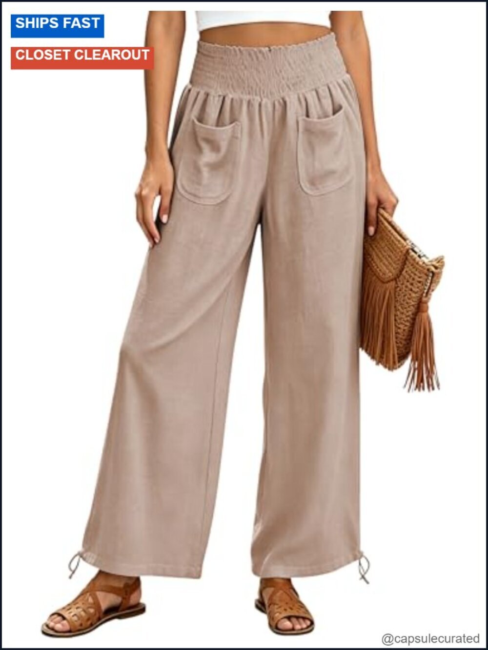 Womens Linen Wide Leg Pants High Waist with Pockets Adjustable Drawstring Cuffs